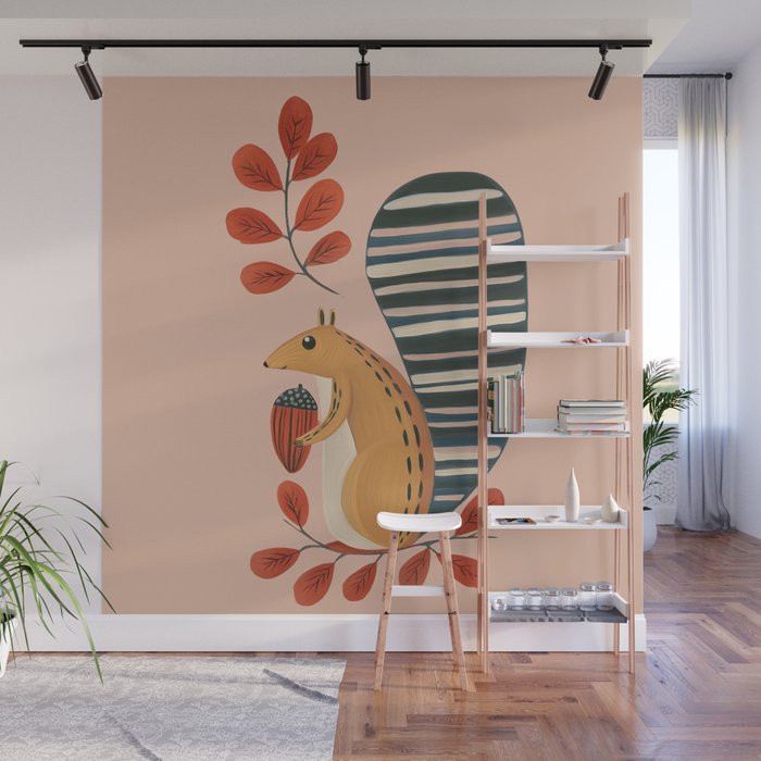 Squirrel in a Pink Autumn Wall Mural Gallery Image 1