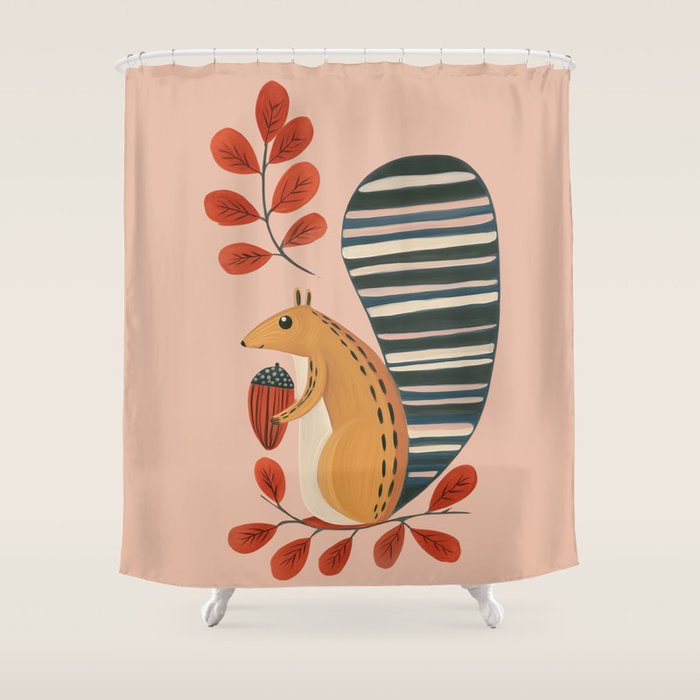 Squirrel in a Pink Autumn Shower Curtain Gallery Image 1