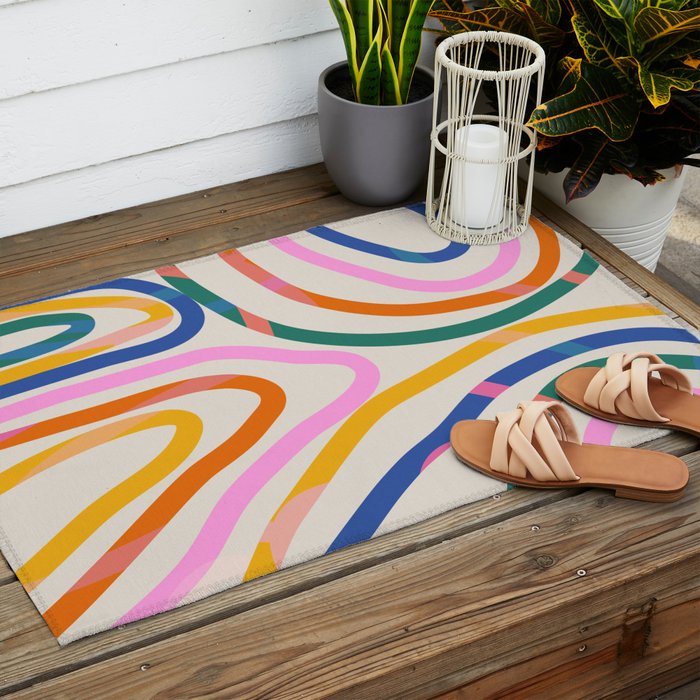 Whimsical Abstract Rainbows Lines Art Outdoor Rug Gallery Image 2