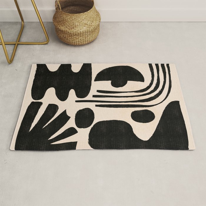 Abstract Mid-Century Modern Black and Beige Composition Rug Gallery Image 1