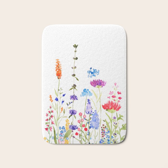 colorful wild flowers watercolor painting Bath Mat Gallery Image 1