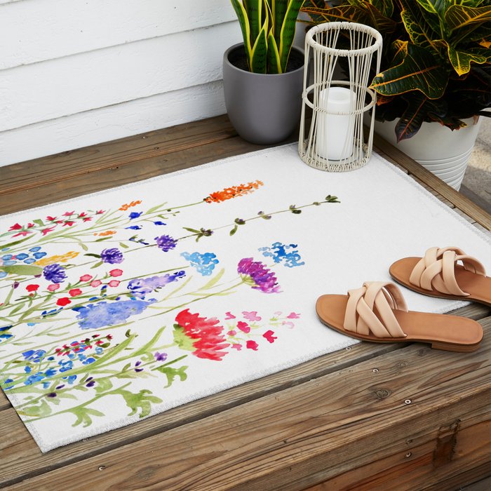 colorful wild flowers watercolor painting Outdoor Rug Gallery Image 2