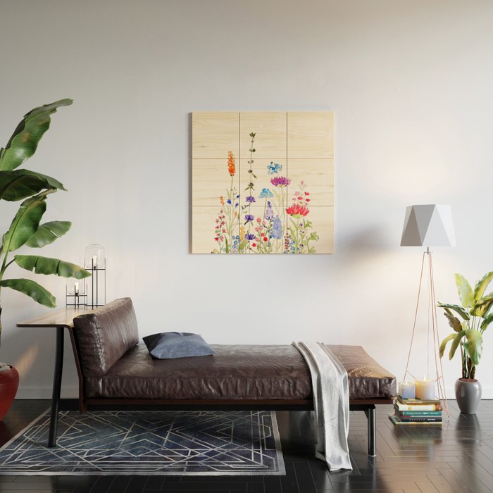 colorful wild flowers watercolor painting Wood Wall Art Gallery Image 2