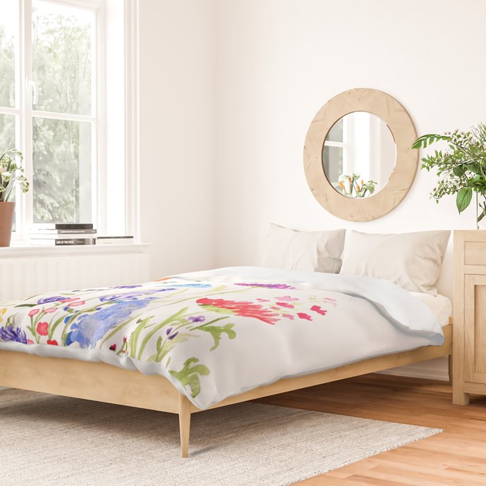 colorful wild flowers watercolor painting Duvet Cover Gallery Image 2