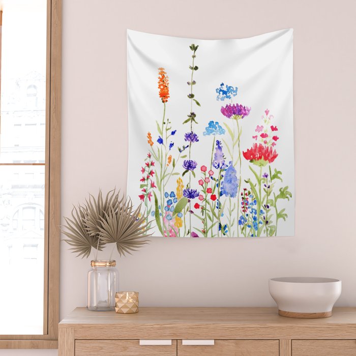 colorful wild flowers watercolor painting Wall Tapestry Gallery Image 2