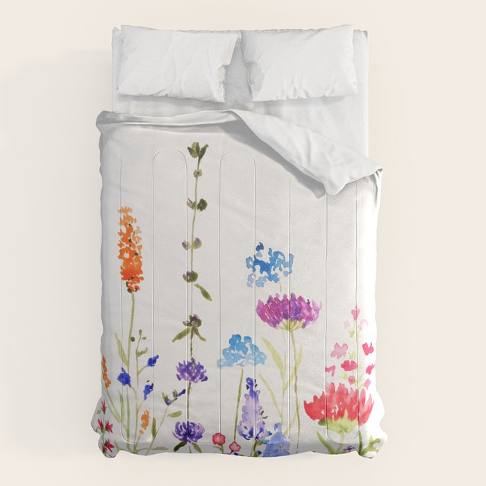 colorful wild flowers watercolor painting Comforter Gallery Image 6