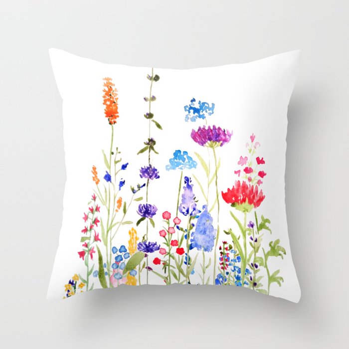 colorful wild flowers watercolor painting Throw Pillow Gallery Image 6