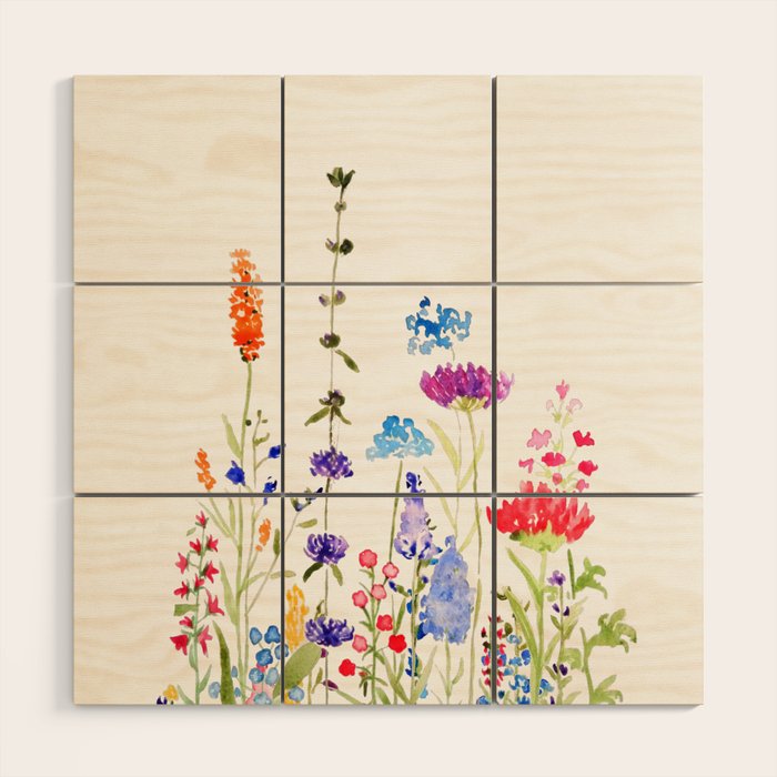 colorful wild flowers watercolor painting Wood Wall Art Gallery Image 1