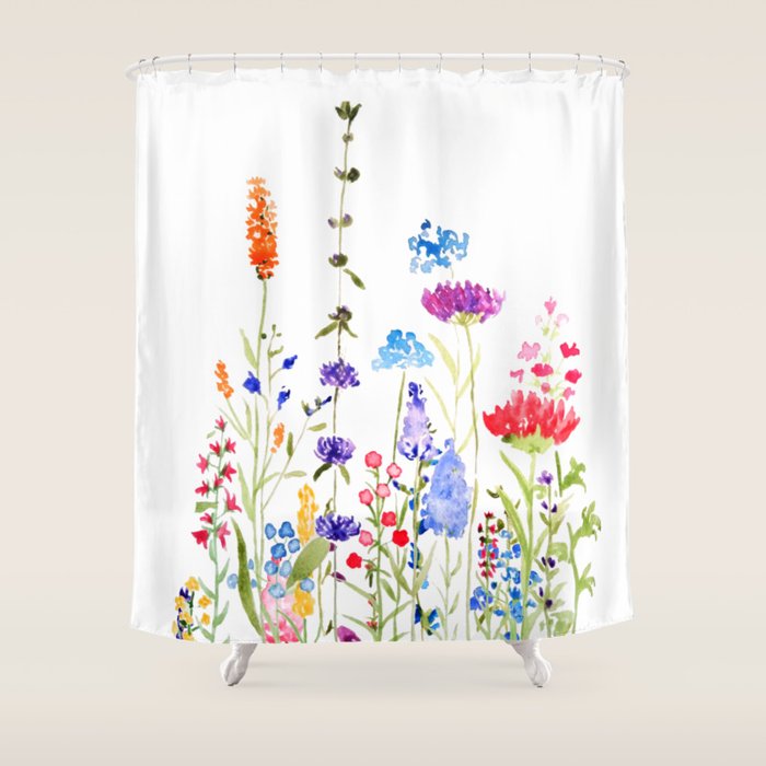 colorful wild flowers watercolor painting Shower Curtain Gallery Image 1