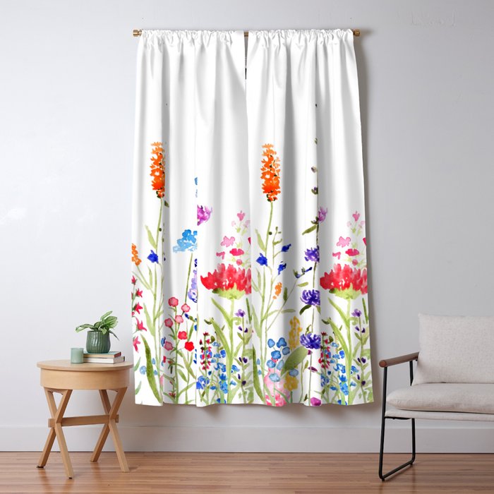 colorful wild flowers watercolor painting Window Curtain Gallery Image 1