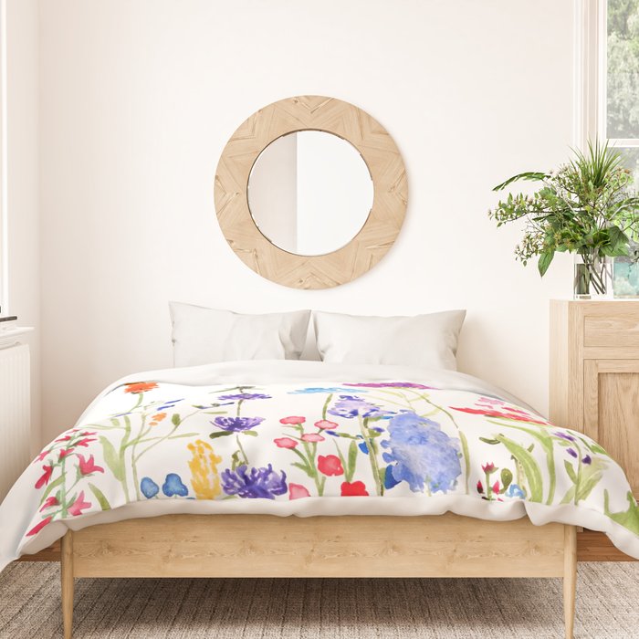 colorful wild flowers watercolor painting Duvet Cover Gallery Image 3