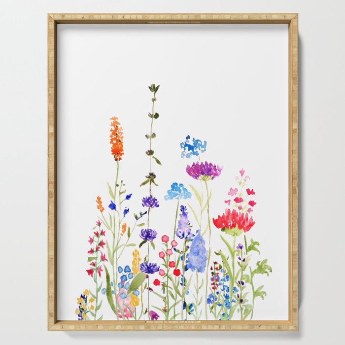 colorful wild flowers watercolor painting Serving Tray Gallery Image 1