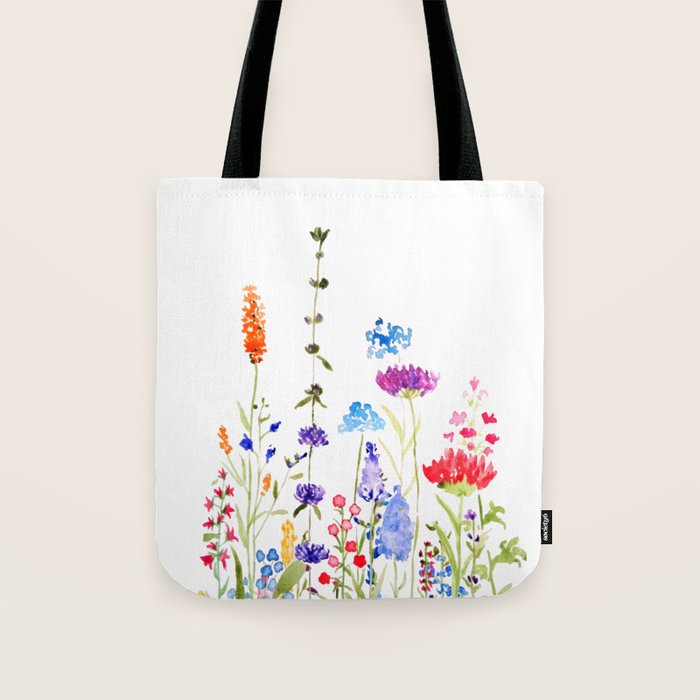 colorful wild flowers watercolor painting Tote Bag Gallery Image 1