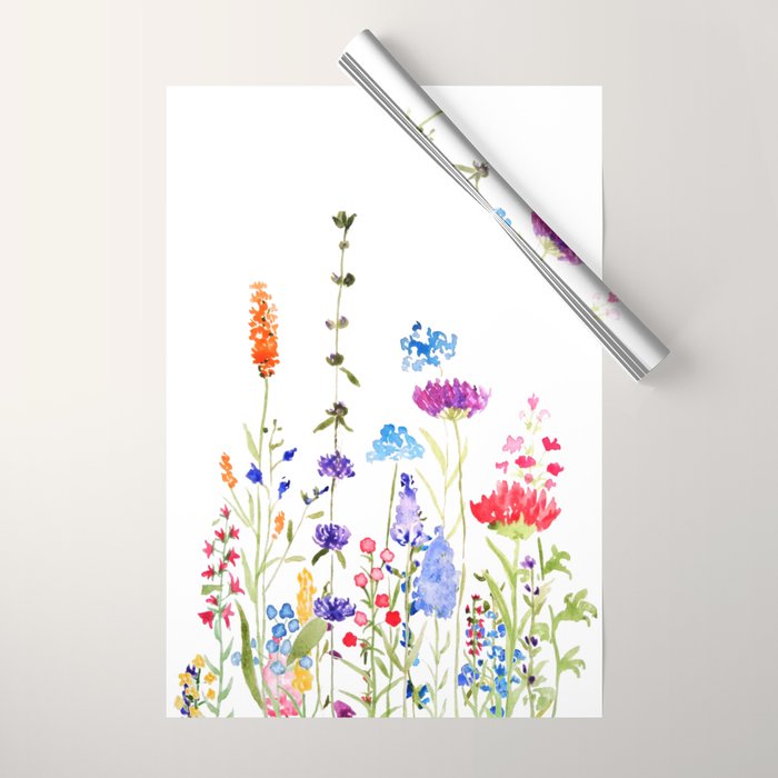 colorful wild flowers watercolor painting Wrapping Paper Gallery Image 1
