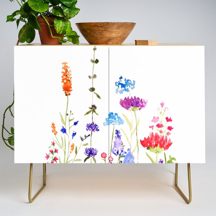 colorful wild flowers watercolor painting Credenza Gallery Image 1