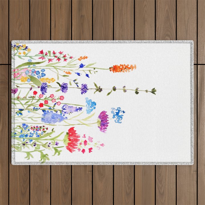 colorful wild flowers watercolor painting Outdoor Rug Gallery Image 1