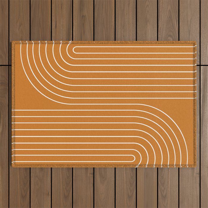 Minimal Line Curvature XCIII Bright 70s Orange Mid Century Modern Arch Abstract Outdoor Rug Gallery Image 1