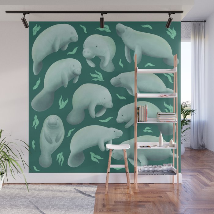manatees (teal) Wall Mural Gallery Image 1