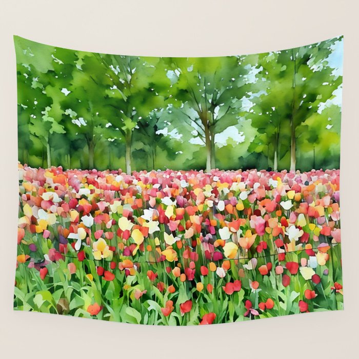 Colorful tulips field Wall Tapestry Gallery Image 1