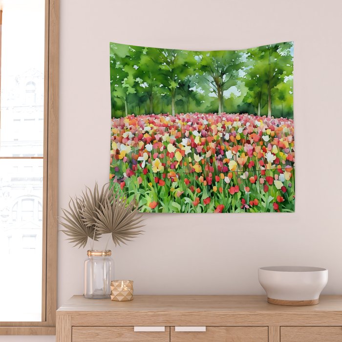 Colorful tulips field Wall Tapestry Gallery Image 2
