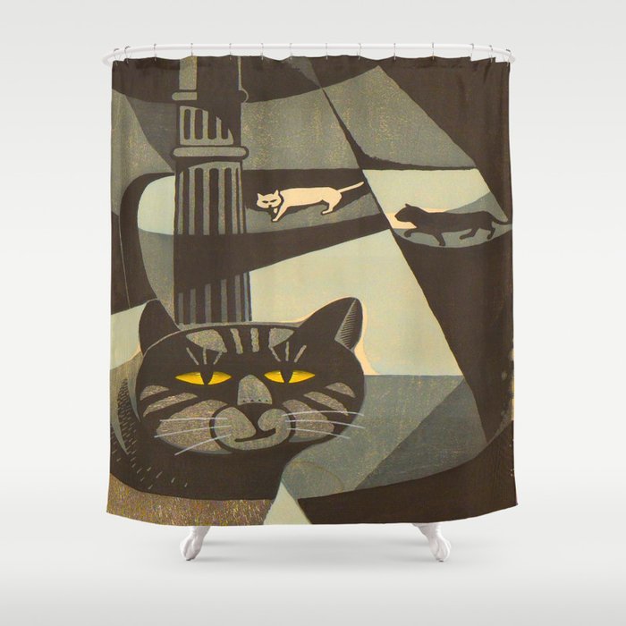 Inagaki Tomoo Vintage Japanese Woodblock print mid century Modern Cubism Art Cats Feline Shower Curtain Gallery Image 1