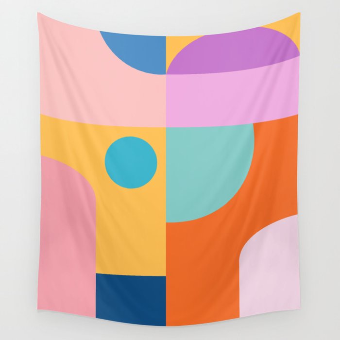 Playful Color Block Shapes in Bright Shades of Orange, Blue, Yellow, and Pink Wall Tapestry Gallery Image 4
