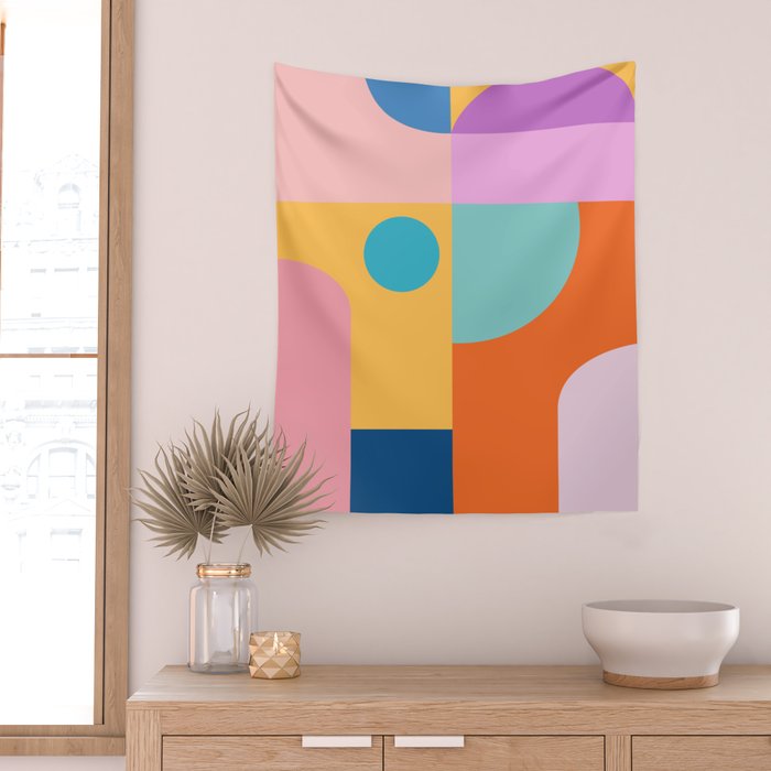 Playful Color Block Shapes in Bright Shades of Orange, Blue, Yellow, and Pink Wall Tapestry Gallery Image 2