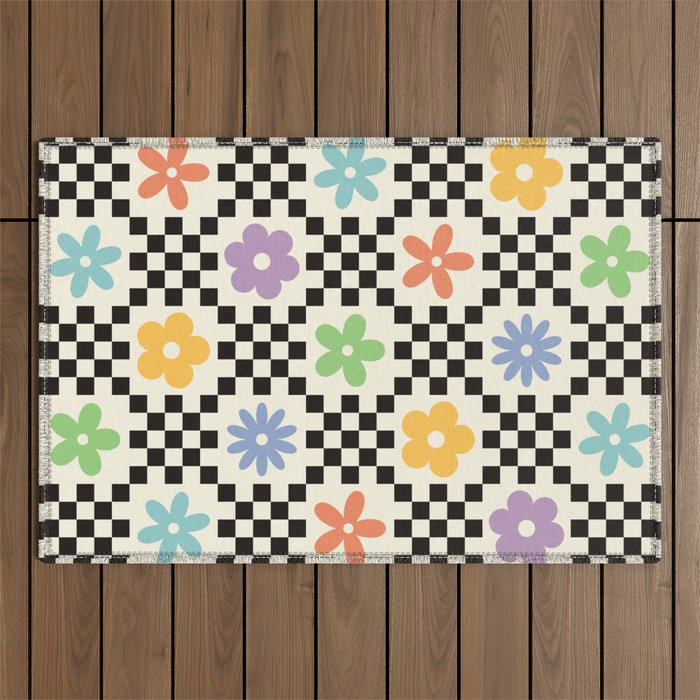 Retro Colorful Flower Double Checker Outdoor Rug Gallery Image 1