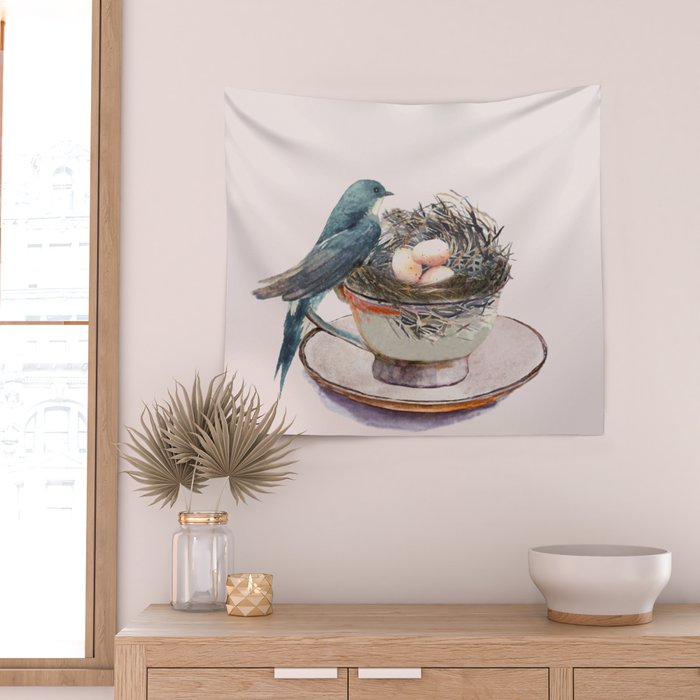 Bird nest in a teacup Wall Tapestry Gallery Image 2