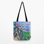 Houseplant collection Still Life on Blue Painting with Stromanthe Triostar, Pilea, and Snake Plant and Lion Vase Tote Bag Gallery Image 2