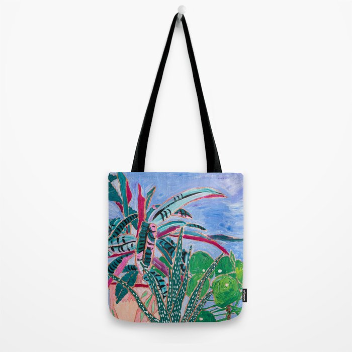 Houseplant collection Still Life on Blue Painting with Stromanthe Triostar, Pilea, and Snake Plant and Lion Vase Tote Bag Gallery Image 2