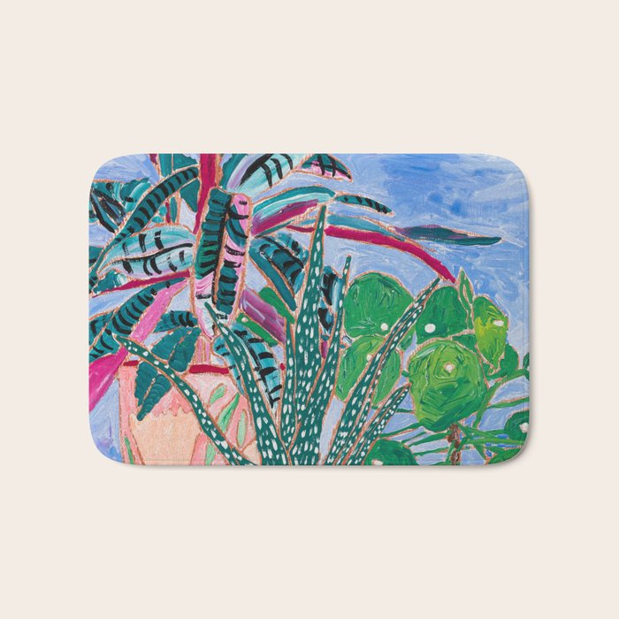 Houseplant collection Still Life on Blue Painting with Stromanthe Triostar, Pilea, and Snake Plant and Lion Vase Bath Mat Gallery Image 1