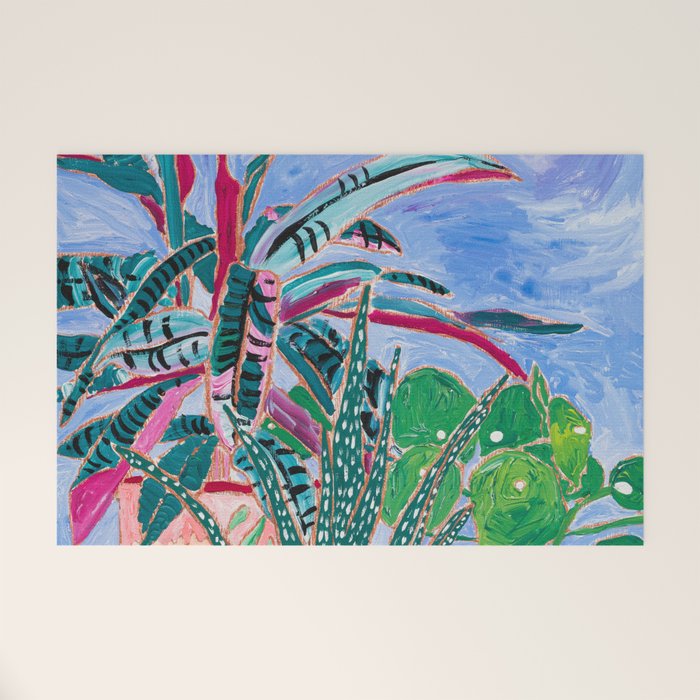 Houseplant collection Still Life on Blue Painting with Stromanthe Triostar, Pilea, and Snake Plant and Lion Vase Welcome Mat Gallery Image 1