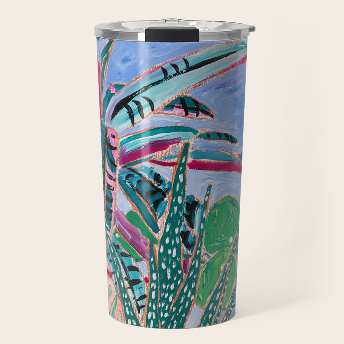 Houseplant collection Still Life on Blue Painting with Stromanthe Triostar, Pilea, and Snake Plant and Lion Vase Travel Mug Gallery Image 1