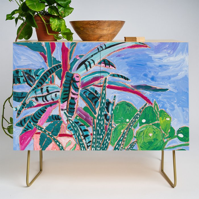 Houseplant collection Still Life on Blue Painting with Stromanthe Triostar, Pilea, and Snake Plant and Lion Vase Credenza Gallery Image 1