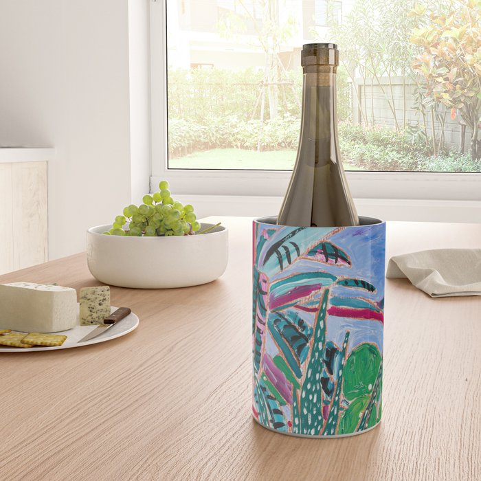 Houseplant collection Still Life on Blue Painting with Stromanthe Triostar, Pilea, and Snake Plant and Lion Vase Wine Chiller Gallery Image 4