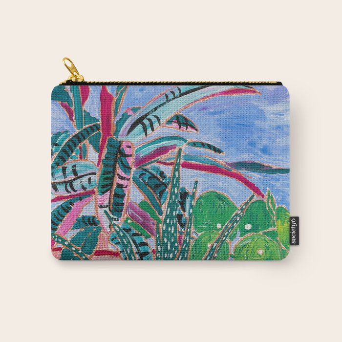 Houseplant collection Still Life on Blue Painting with Stromanthe Triostar, Pilea, and Snake Plant and Lion Vase Carry All Pouch Gallery Image 1