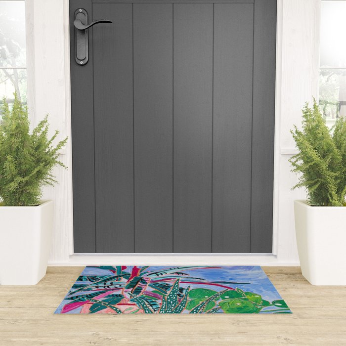 Houseplant collection Still Life on Blue Painting with Stromanthe Triostar, Pilea, and Snake Plant and Lion Vase Welcome Mat Gallery Image 3