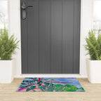 Houseplant collection Still Life on Blue Painting with Stromanthe Triostar, Pilea, and Snake Plant and Lion Vase Welcome Mat Gallery Image 3