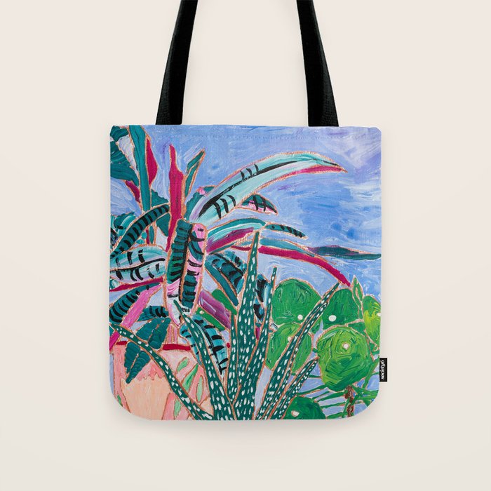 Houseplant collection Still Life on Blue Painting with Stromanthe Triostar, Pilea, and Snake Plant and Lion Vase Tote Bag Gallery Image 1