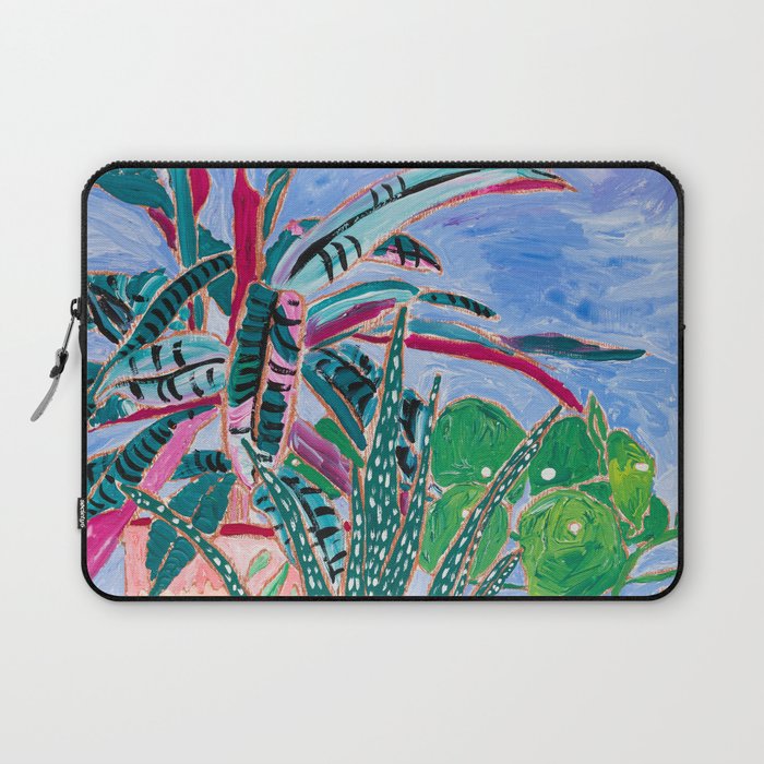 Houseplant collection Still Life on Blue Painting with Stromanthe Triostar, Pilea, and Snake Plant and Lion Vase Laptop Sleeve Gallery Image 1