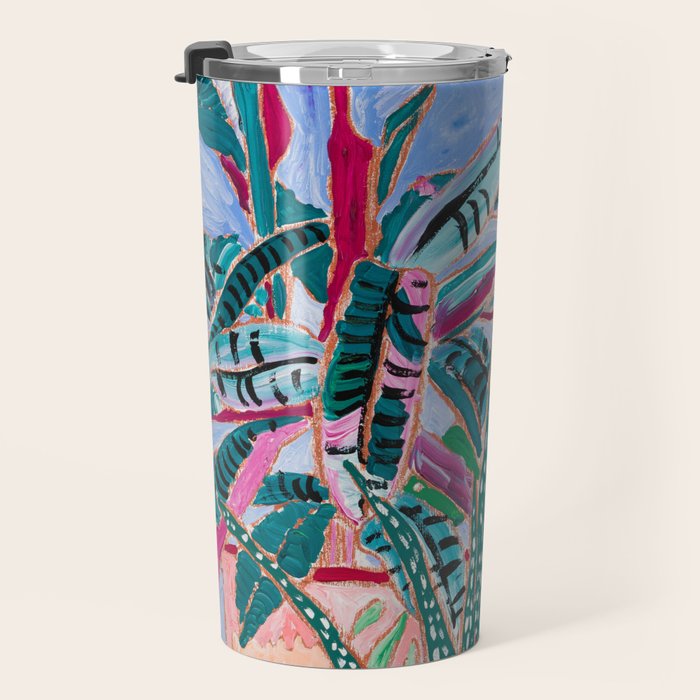 Houseplant collection Still Life on Blue Painting with Stromanthe Triostar, Pilea, and Snake Plant and Lion Vase Travel Mug Gallery Image 3