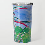 Houseplant collection Still Life on Blue Painting with Stromanthe Triostar, Pilea, and Snake Plant and Lion Vase Travel Mug Gallery Image 2