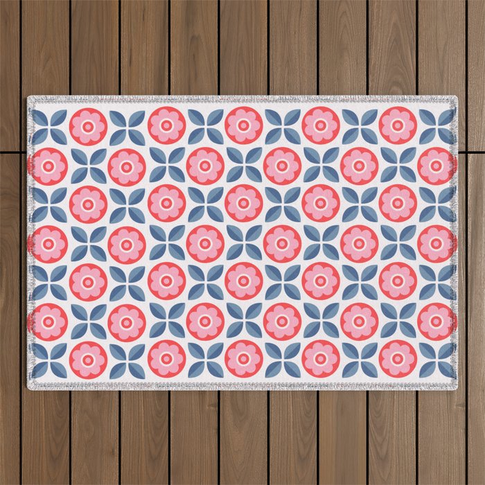 Retro Floral Seamless Pattern in Pink and Blue Outdoor Rug Gallery Image 1