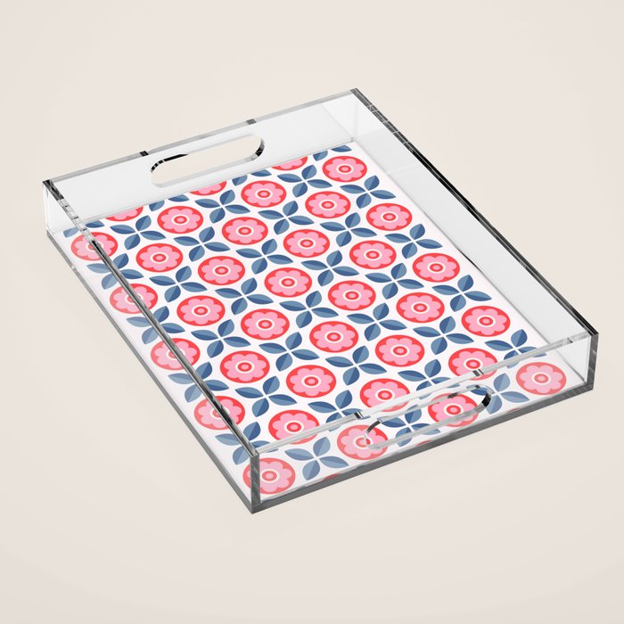 Retro Floral Seamless Pattern in Pink and Blue Acrylic Tray Gallery Image 1