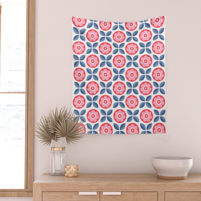 Retro Floral Seamless Pattern in Pink and Blue Wall Tapestry Gallery Image 2