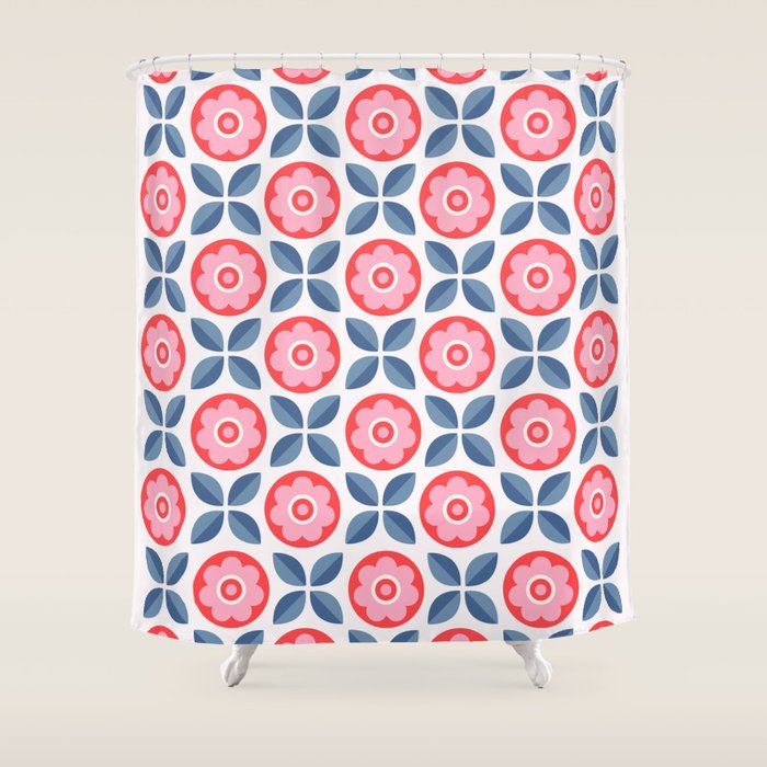 Retro Floral Seamless Pattern in Pink and Blue Shower Curtain Gallery Image 1