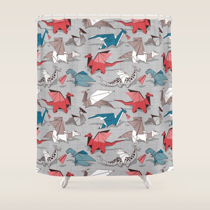 Origami dragon friends // linen texture background blue red grey and taupe fantastic creatures Shower Curtain Gallery Image 1