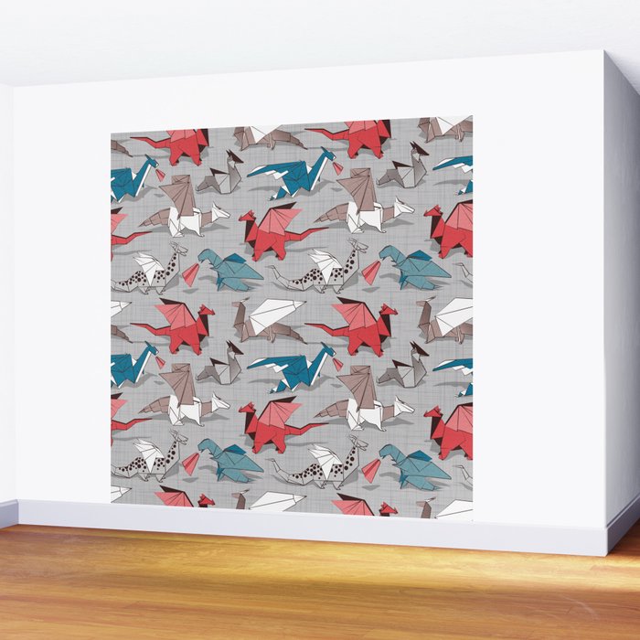 Origami dragon friends // linen texture background blue red grey and taupe fantastic creatures Wall Mural Gallery Image 2