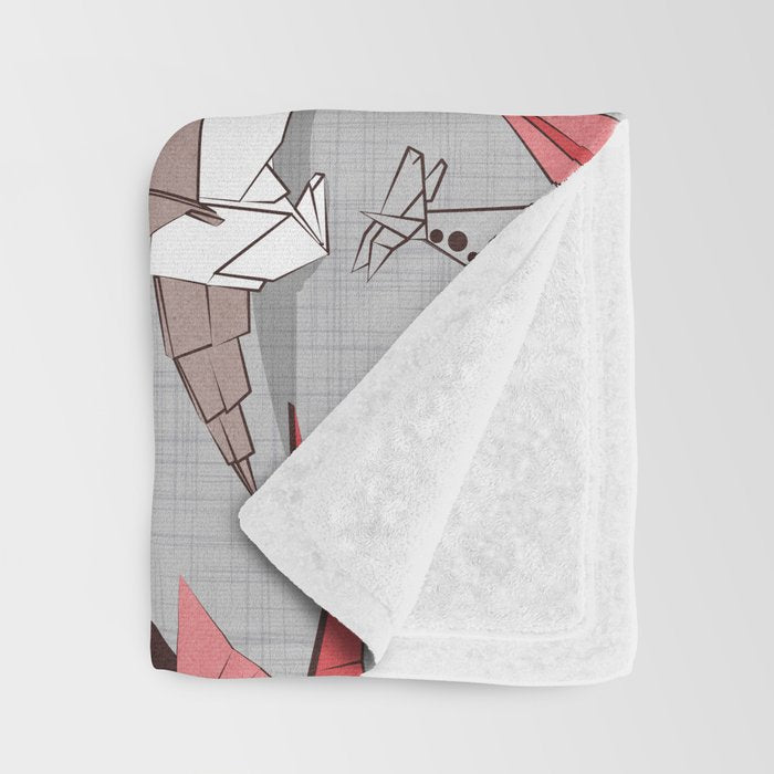 Origami dragon friends // linen texture background blue red grey and taupe fantastic creatures Throw Blanket Gallery Image 3